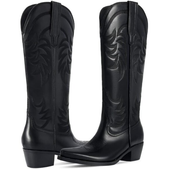 ⚡Women's Black Knee High Chunky Heel Pointed Toe Wide Calf Pull On Embroidered - Picture 3 of 5